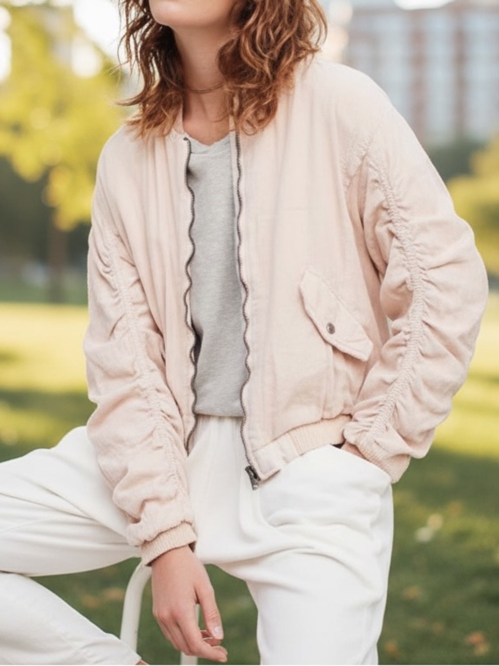 Free people linen ruched oversized bomber jacket pink size small